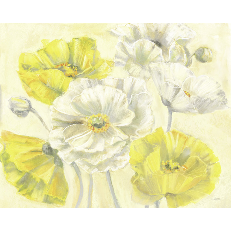 Fleur coquelicots sur jaune, blanc, or, H 24 po x l 36 po x P 1,5 po