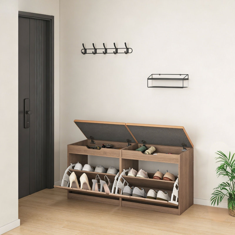Banc de rangement à chaussures de 38,6 po avec coussin de siège et armoire à tiroirs rabattables, Brun