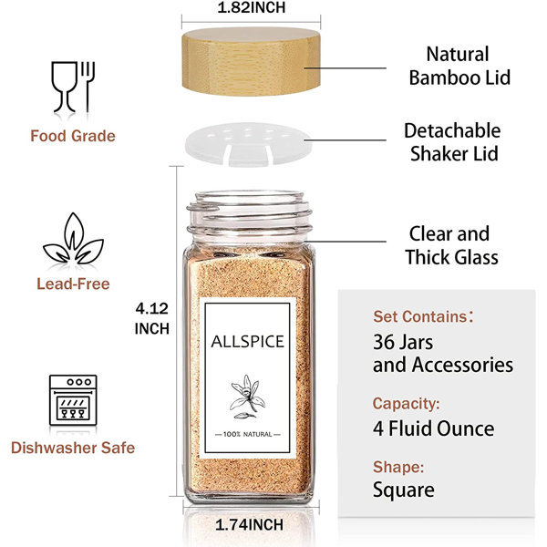 Glass Spice Jars with Labels Bamboo, 36 pcs Glass Seasoning Containers,  Spice Containers Set with Shaker Lids Seasoning Jars, 4 oz Empty Spice  Bottles