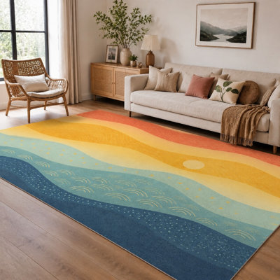 1Pcs Abstract Wave Sun Design - low plush, printed Soft Fabric carpet, washable and easy to clean, large thin rug, non-slip backing, suitable for living room, bedroom, kitchen, office indoor use for home detor