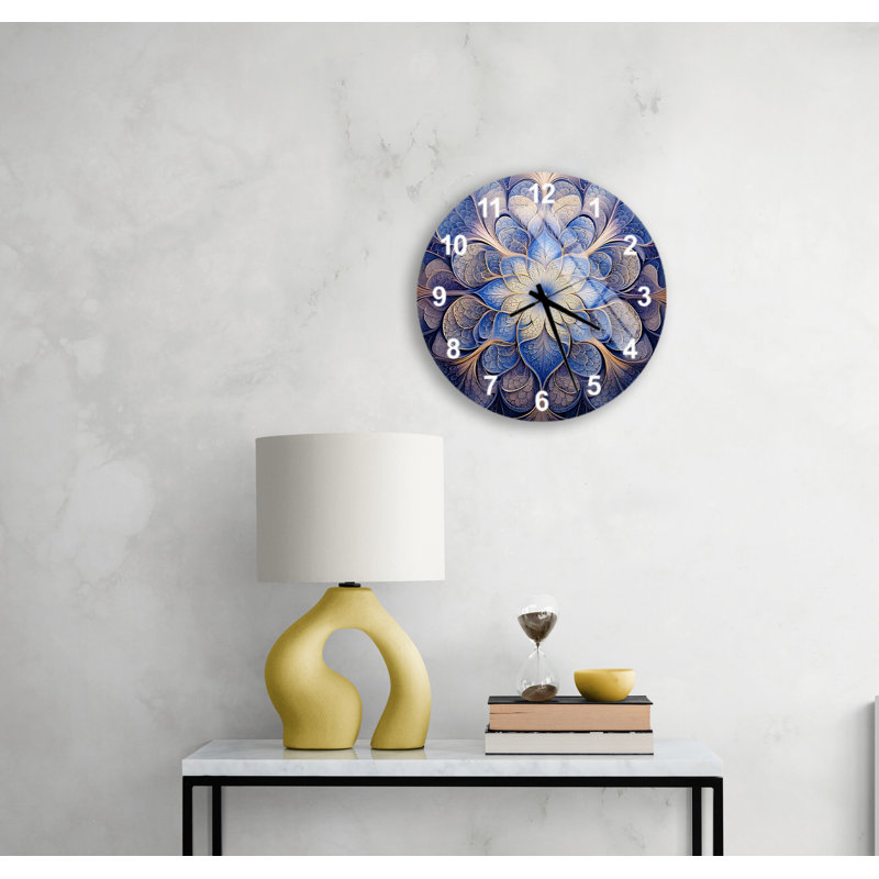 Horloge murale symétrique kaléidoscope en verre trempé à motif floral bleu et doré, Blanc