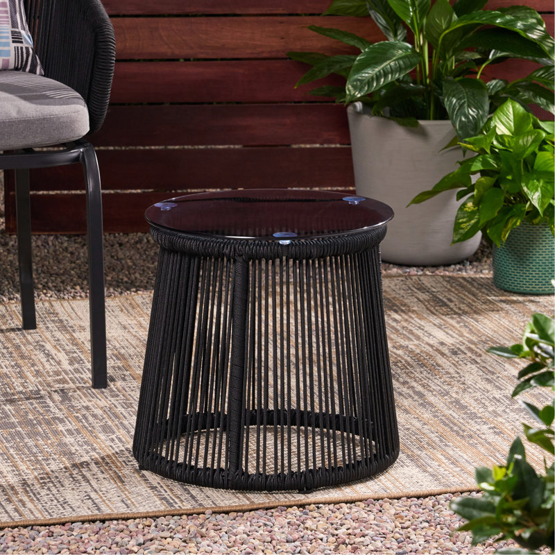 Table d'appoint haute de 16,36 po avec corde tissée à la main et surface en verre moderne pour l'extérieur, tissage complexe trempé, 15,5 po x 15,5 po x 16,5 po, fer noir