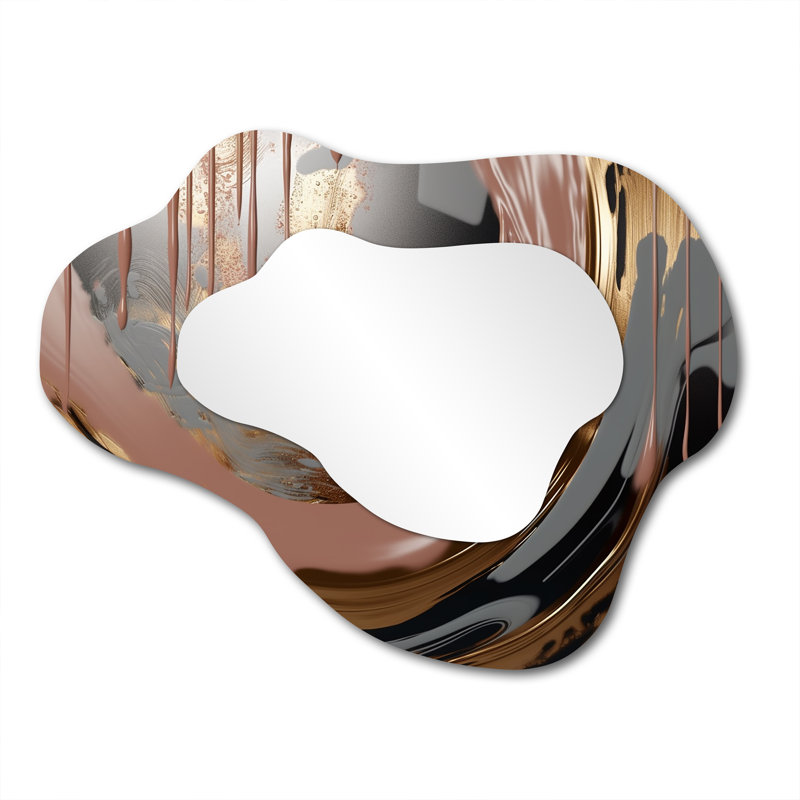Abstract Golden and pink infinity rivers III - Liquid Ink Asymmetrical Decorative Mirror, Modern Cloud Wall Mirror, Printed Metal Art
