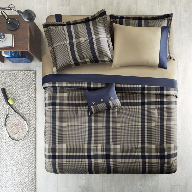Robbie Plaid Comforter Set with Bed Sheets, Twin Comforter + 6 Additional Pieces, Navy/Taupe