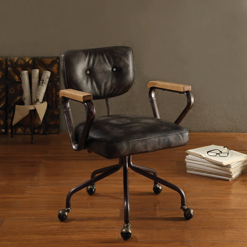 Chaise de bureau pivotante vintage noire avec garniture cloutée, Noir