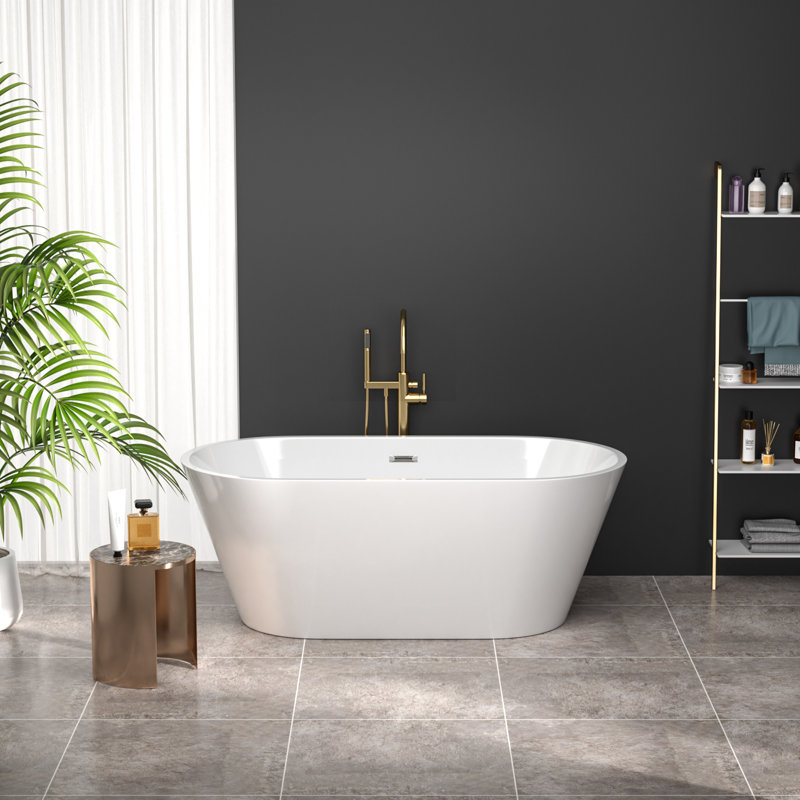 59" x 29.5" Freestanding Soaking Acrylic Bathtub with Drain and Overflow, Silver