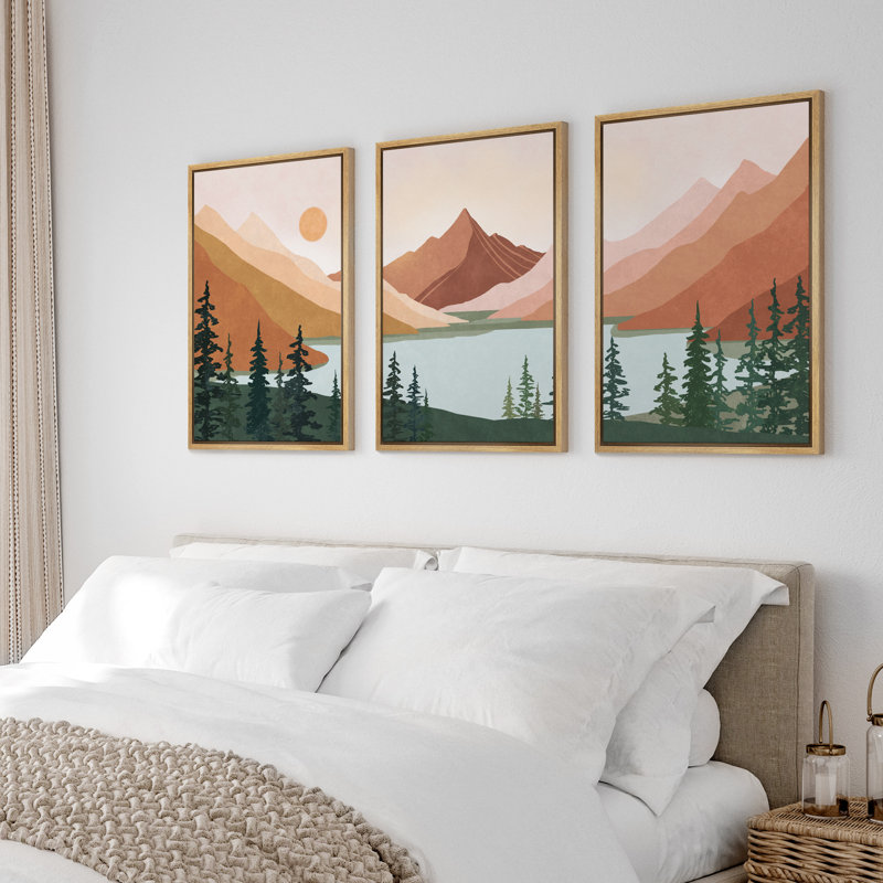 «Sun Mountain Landscape Forest Lake Abstract Minimal Nature Scene», reproduction d'art sur toile encadrée 3 pièces, Naturel