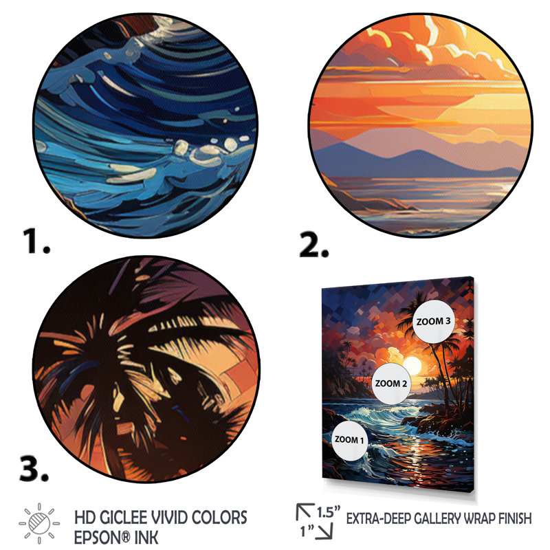 Coucher de soleil orange coloré sur fond de palmiers III - décoration murale florale, H 44 po x l 34 po x P 1,5 po