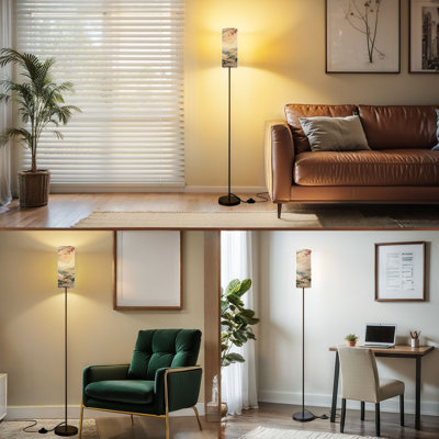  68.5" Standing Floor Lamp Lotus Pond Cherry Blossoms Golden Bell Key Tranquil Watercolor Dimmable Metal Pole Lamp with Linen Lampshade LED Bulb Included