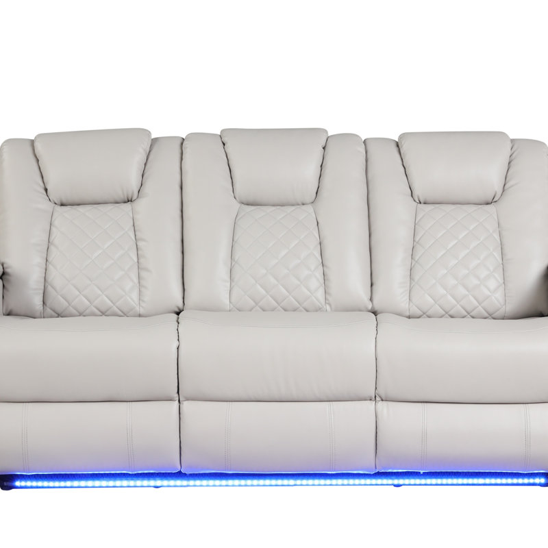 Power Reclining Sofa With Faux Leather, Adjustable Headrests, And Ambient LED Lighting For Ultimate Comfort And Style, Beige