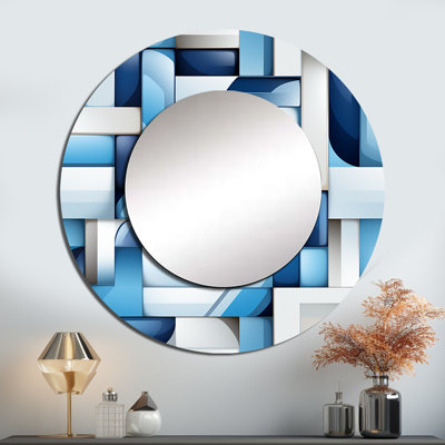 Rodregus White And Blue Geometric Blocks Harmony - Geometric  Unique Wall Mirror, Blue Mirror, Printed Metal Art
