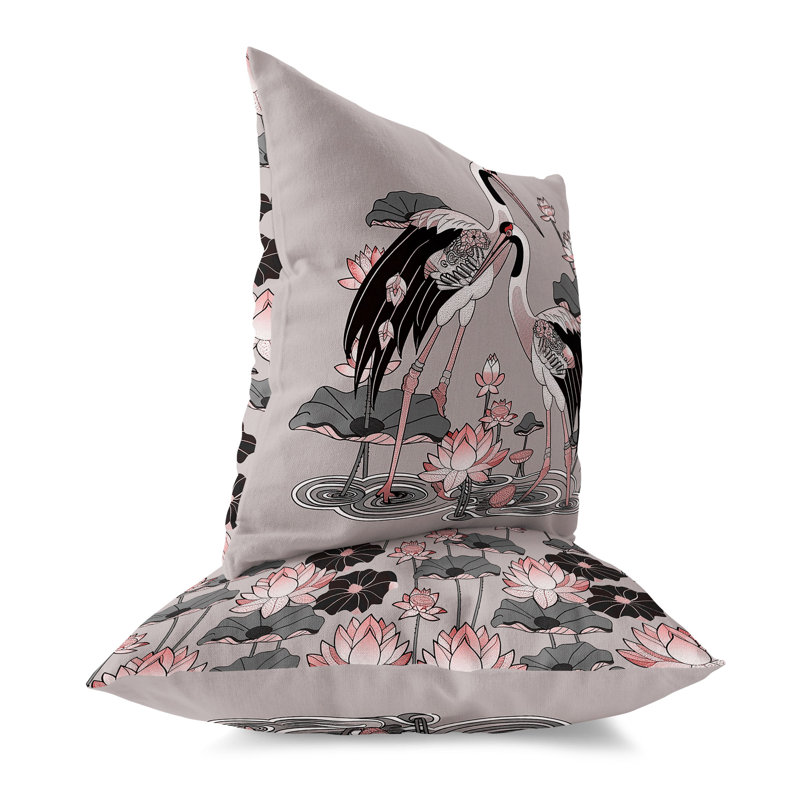 Crane and Lotus Indoor/Outdoor Square Throw Pillow, 16"H x 16"W, Gray/Pink