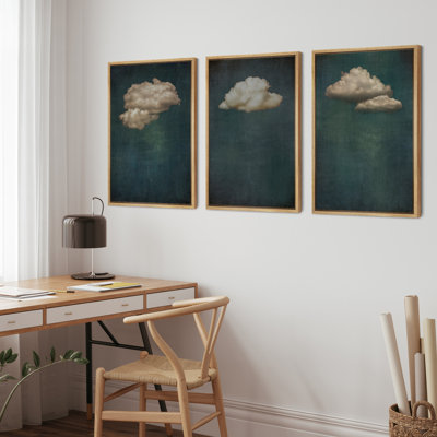 Clouds " Dark Navy Blue Duotone Clouds Abstract Landscapes Minimalist " 3 - Pieces