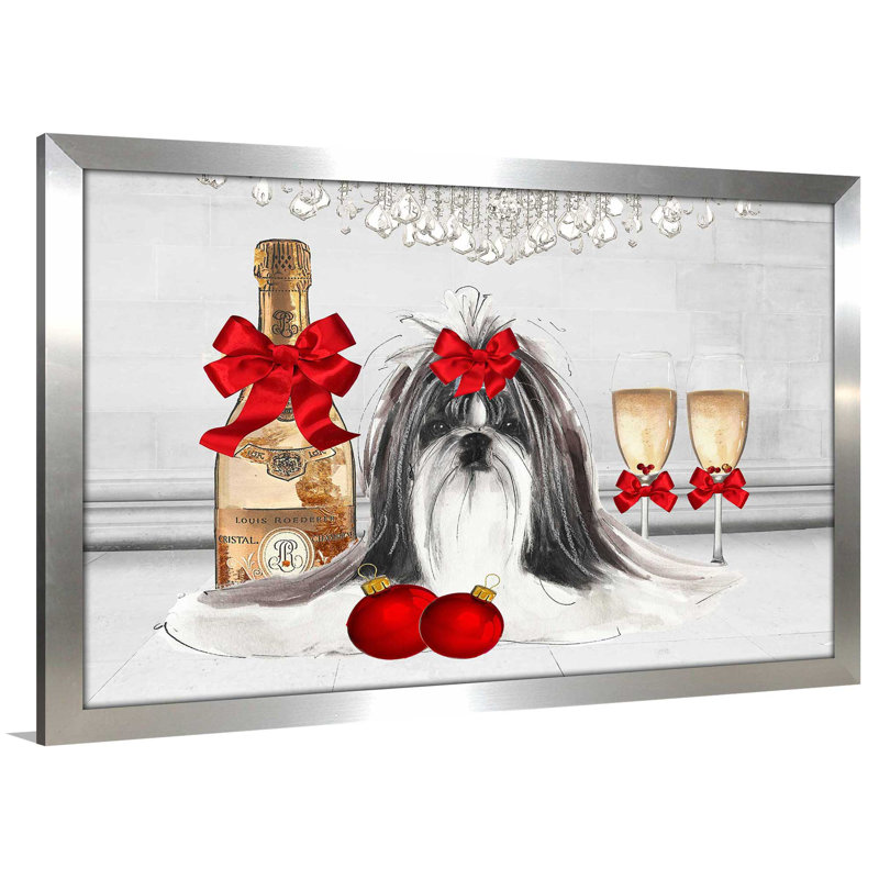 «Christmas Holiday Shih Tzu (Horizontal)» par Jodi - impression, H 33,5 po x l 49,5 po x P 1 po, Encadrement argenté
