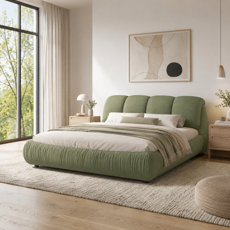 Lit plateforme tapissier moderne en polyester avec pieds en bois massif, Grand, Vert