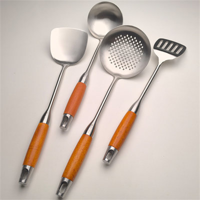 4-Piece Stainless Steel Cooking Utensils Set With Rosewood Handles - Soup Ladle, Slotted Spoon, And Spatula