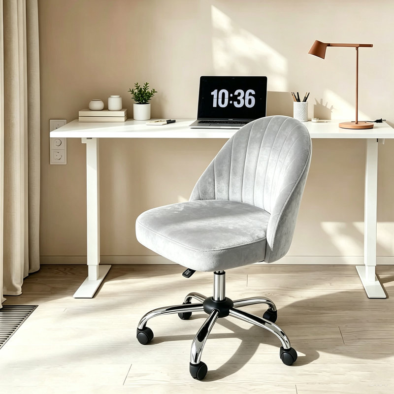 Armless Wide Desk Chair with Wheels, Velvet Swivel Office Chair, Grey