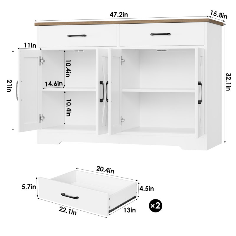 Armoire décorative 47 po à 4 portes, présentoir avec 2 tiroirs, Brun / Blanc