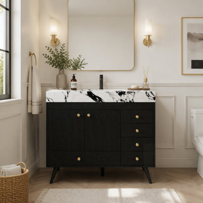 Meuble-lavabo autoportant avec comptoir en faux marbre, lavabo en céramique, 5 tiroirs et pieds en acier inoxydable pour une élégance moderne