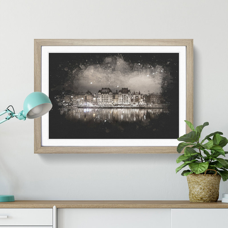 Reflection Of Stockholm In Sweden - Picture Frame Graphic Art, Oak Framed, 33cm H x 45cm W x 2cm D