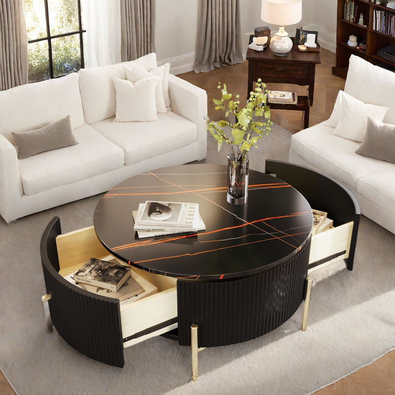 Table basse ronde moderne avec 2 tiroirs, motif en marbre exquis, pieds dorés et motif cannelé, Noir