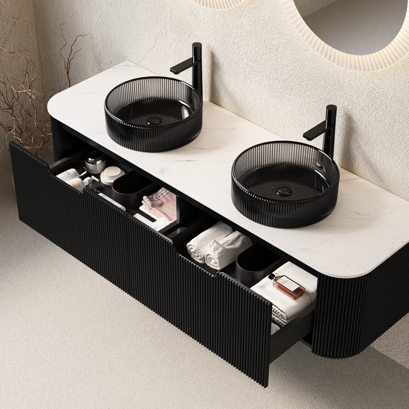 Meuble-lavabo de 60 po avec 2 lavabos ronds en verre noir transparent, armoire de rangement, tiroirs, pré-assemblé, noir, finition rayée 3D, éviers à tiroir lisse, structure d'armoire stable