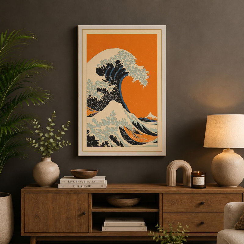 The Great Wave Japandi - Wrapped Canvas, 36x24 - 91.4 x 61.0 cm, Terracotta Border