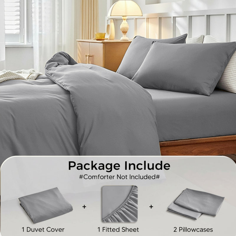 Microfiber 250 TC Reversible 4 piece Plain Duvet Cover Set with Pillowcases, Single Duvet Cover + 3 Additional Pieces, Grey