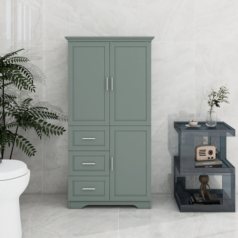 Tall And Wide Storage Cabinet With Doors, Three Drawers, Gray