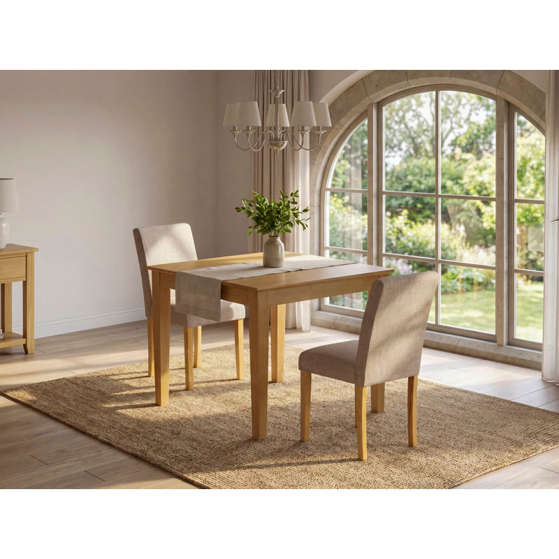 Ensemble de table de salle à manger 3 pièces pour petits espaces comprenant une table carrée en bois et 2 chaises de salle à manger Parson en tissu brun clair clair, chêne