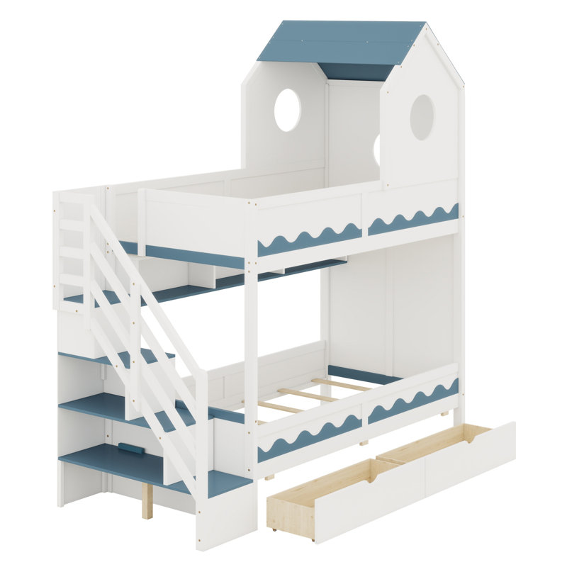 Lit avec design de maison, escalier et tiroir, Blanc / Bleu