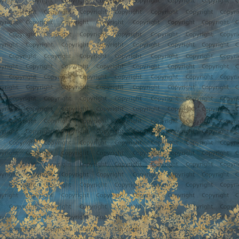 Papier peint céleste ciel céleste doré, Bleu, L 110,04 po x l 204 po