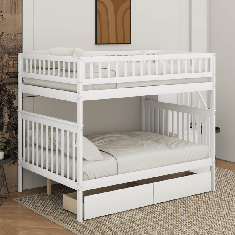 Full Over Full Bunk Bed With Drawers, White