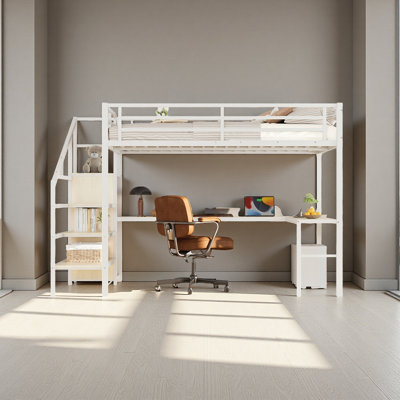 Grand lit mezzanine avec bureau en L et port USB, lit mezzanine en métal avec garde-robe et tablette réglable, lit mezzanine haut avec DEL pour enfants, adolescents, adultes