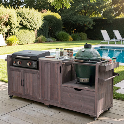 Îlot de cuisine 80,5 po, station de table de barbecue tout-en-un, bois massif, plateau en acier inoxydable 201, maison de campagne moderne, patio