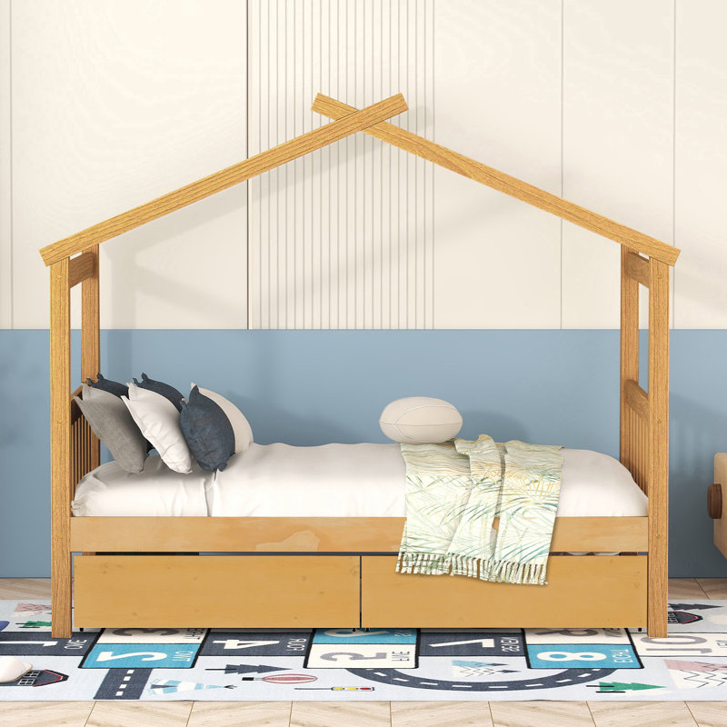 Lit simple en bois avec tiroirs, naturel, Naturel, Lit simple