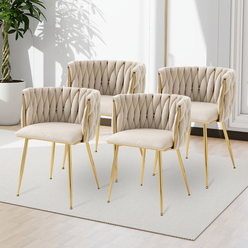 Ensemble de 6 chaises de salle à manger en velours tissé rose avec pieds en métal doré, Rose, 6