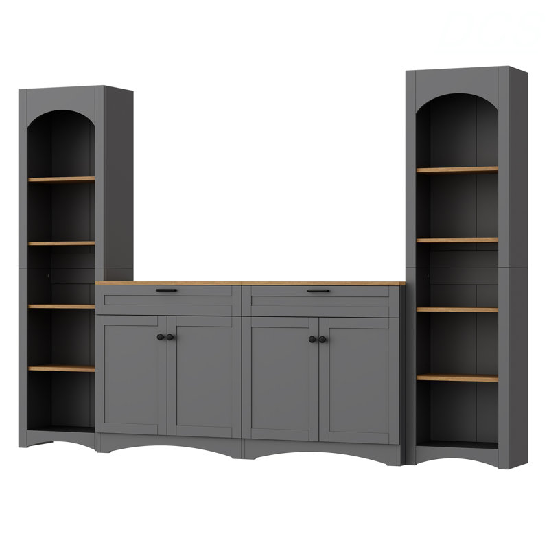 3-Piece Farmhouse Entertainment Center With Storage Cabinet For Tvs Up To 70", Mid-Century TV Stand With Bookshelf, Rustic Versatile Sideboard With Adjustable Shelves For Living Room, TV Stand