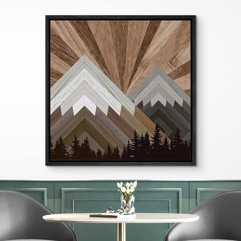 Western Decor Wood Block Mountain Range Forest Landscape Nature Wilderness Neutral Modern Decor, impression sur toile, Noir