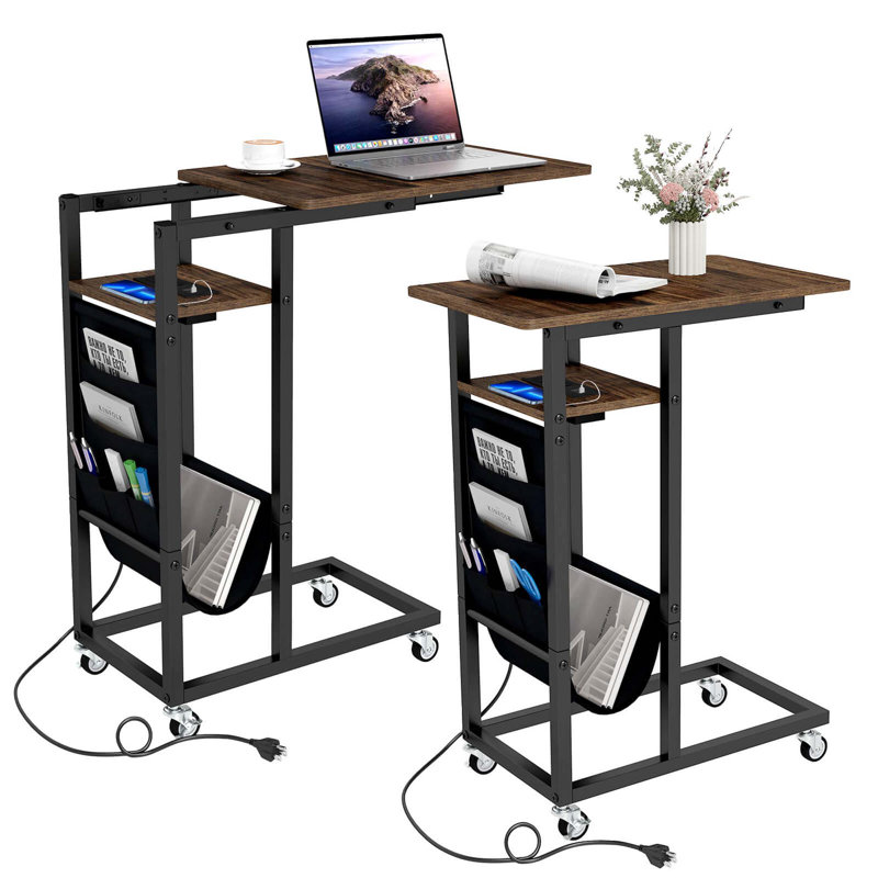 2 PCS C-shaped End Table with Charging Station Rolling Bedside Table Couch Side Table, 2