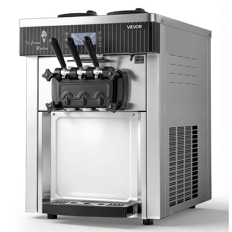 Machine à crème glacée commerciale, rendement de 20 à 28 L / H, machine à crème glacée à saveur de service à 3 saveurs de 2200 W avec 2 trémies de 6 L et trémie d'agitation, pré-refroidissement autonettoyant pour les magasins de desserts