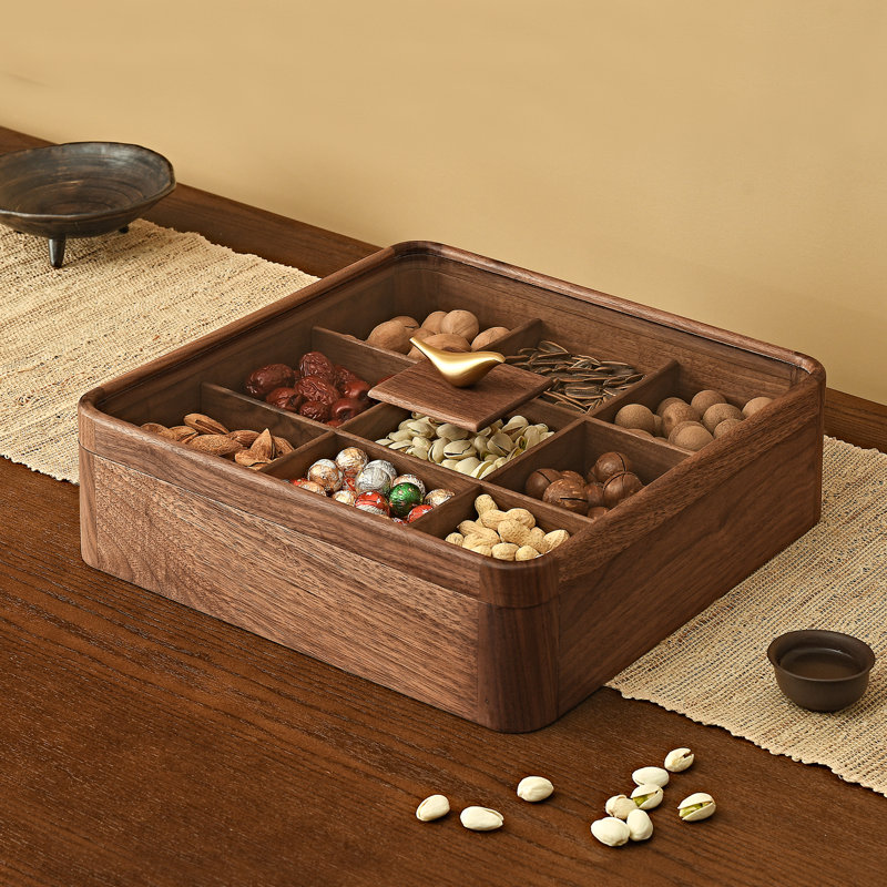 Black Walnut Wood Snack Serving Tray, 9 Compartments Glass Lid Organizer for Candy, Nuts, Chips.