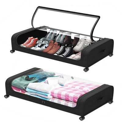 2 paquets de rangement sous le lit avec roulettes, grands contenants de rangement sous le lit avec couvercle transparent, poignée, étiquette, organisateur de rangement pour chaussures à roulettes