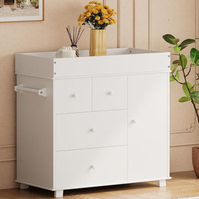 Changing Table Dresser, Nursery Baby Dresser with 3 Drawers and a Cabinet, Modern Diaper Changing Station with Pad, Storage Crib for Bedroom, Kids Room, Children's Room