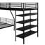 Lit mezzanine en métal noir avec rangement pour tablette - Lit de style simple en L sur lit superposé double et lit superposé, 4 tablettes, velours