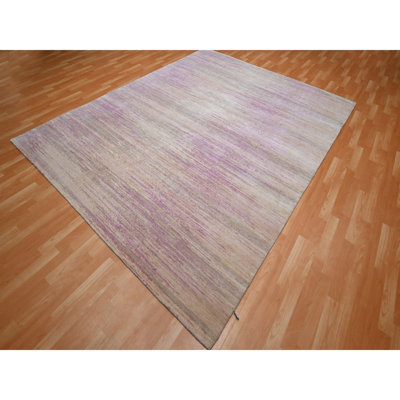 8'1"x10'3" Fuscia Pink with Ivory, Horizontal Ombre Design, Hand Knotted, Pure Wool, Oriental Rug