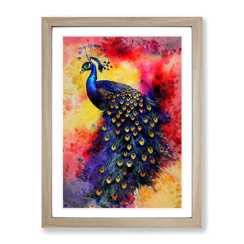 Exciting Peacock No.1 - Single Picture Frame Print, 64cm H x 46cm W x 2cm D, Oak Framed
