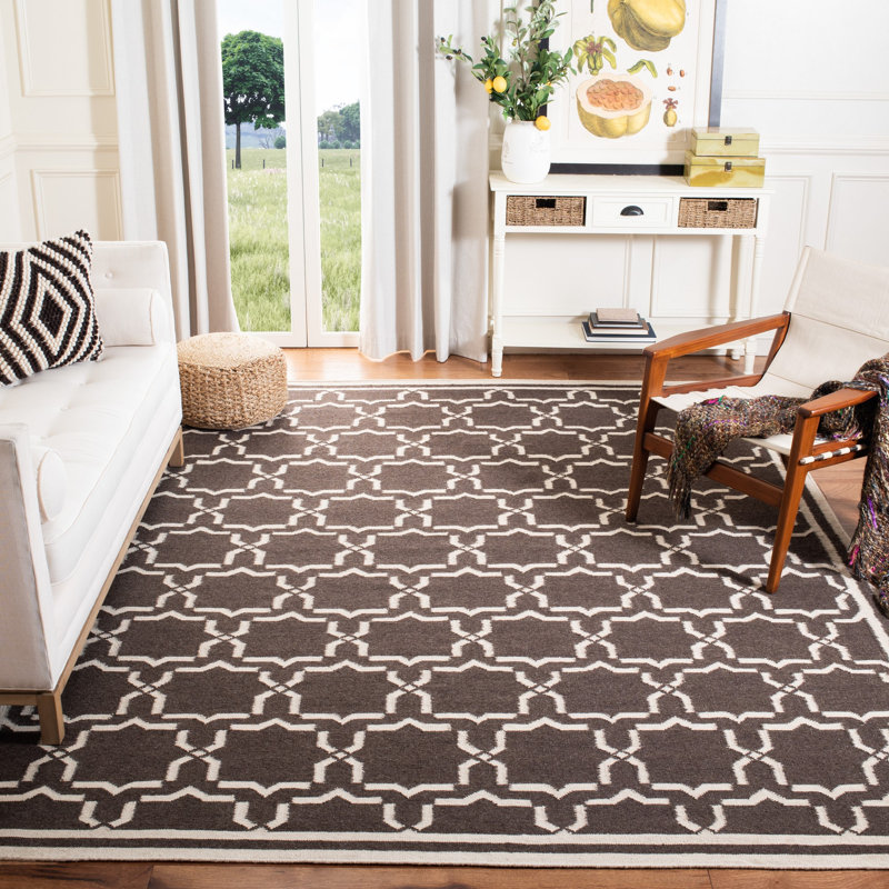 Rodgers Hand Woven Flat Weave Wool/Cotton Geometric Rug in Chocolate, Runner 2'6" x 12'