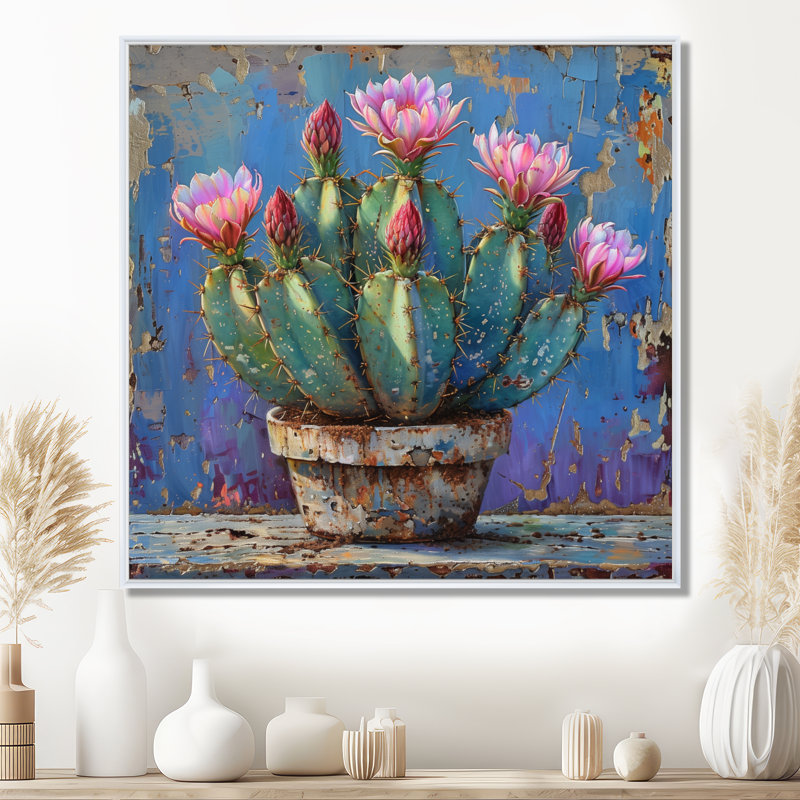 Cactus rose en poterie du désert - impression d'art mural cactus floral, H 30 po x l 30 po x P 1 po