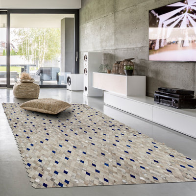 Ivoire/Tapis décoratif bleu fait à la main à motif géométrique Brentwood
